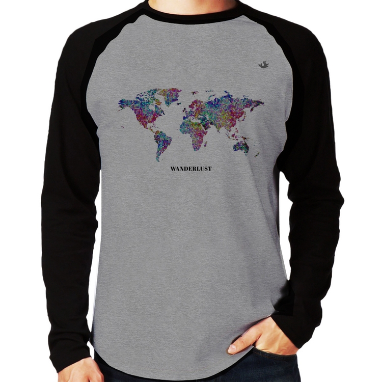 Camiseta Raglan Mapa mundi mosaico Manga Longa - Cinza/Preto