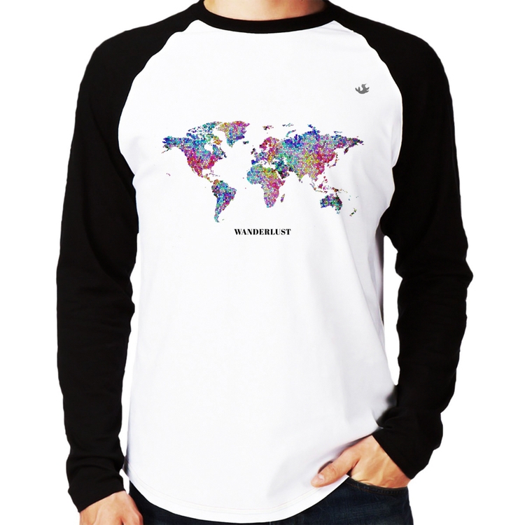 Camiseta Raglan Mapa mundi mosaico Manga Longa