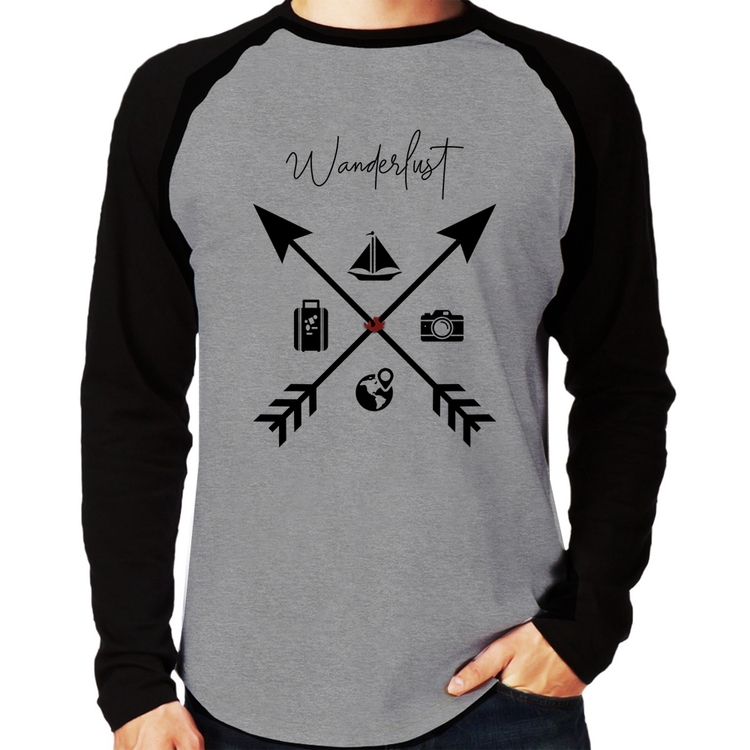 Camiseta Raglan Wanderlust Veleiro Manga Longa - Cinza/Preto