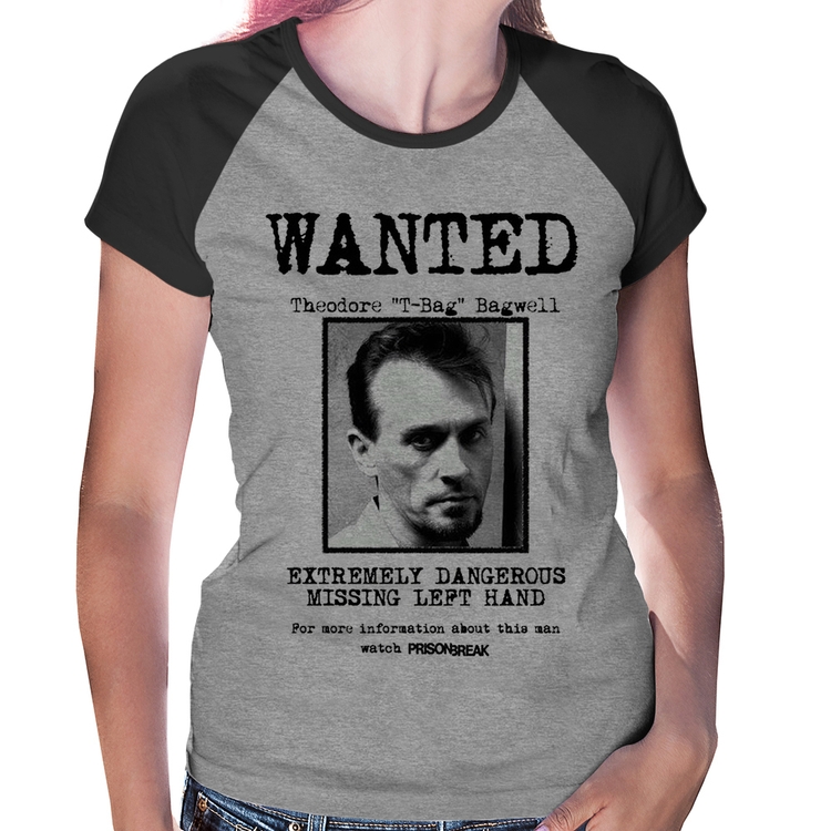 Baby Look Raglan Wanted T-Bag - Cinza/Preto