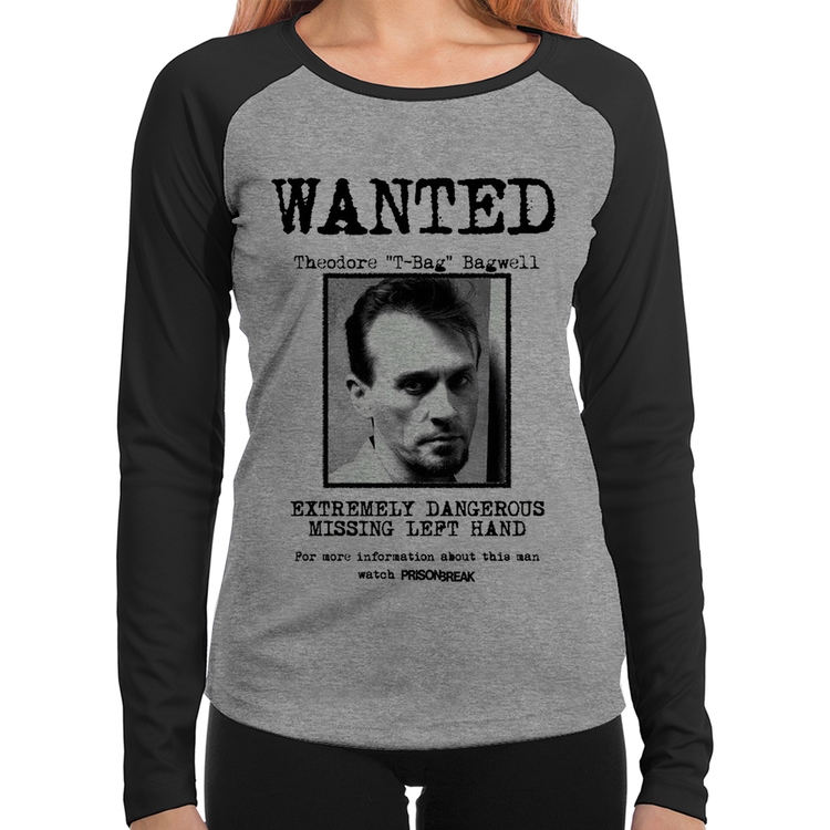 Baby Look Raglan Wanted T-Bag Manga Longa - Cinza/Preto