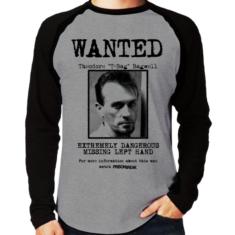Camiseta Raglan Wanted T-Bag Manga Longa - Cinza/Preto
