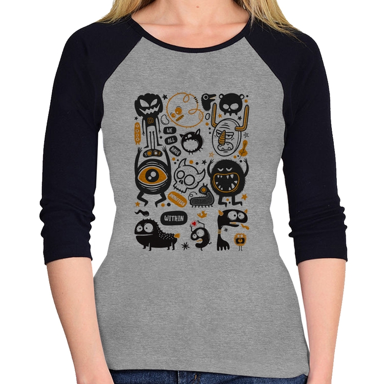 Baby Look Raglan We all have monsters within Manga 3/4 - Cinza/Preto