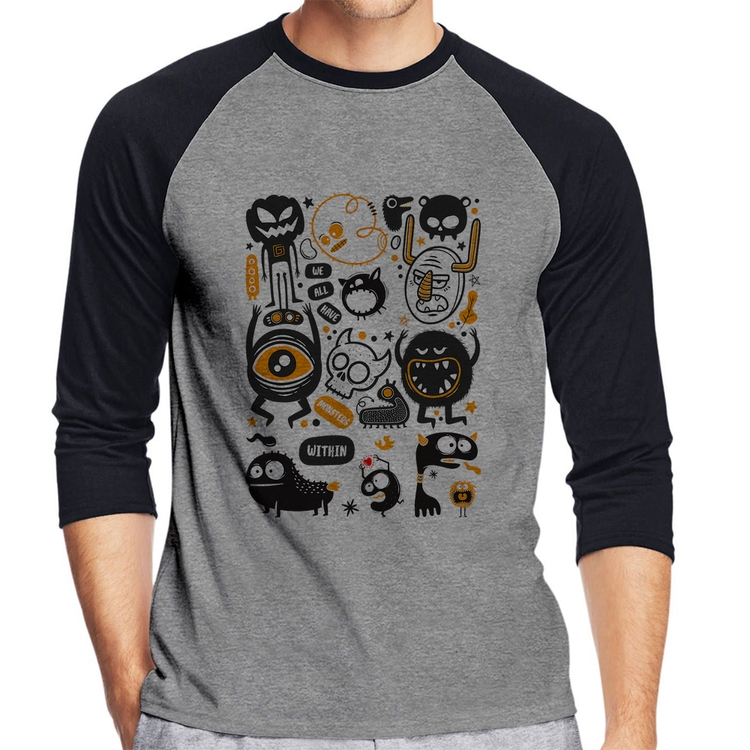 Camiseta Raglan We all have monsters within Manga 3/4 - Cinza/Preto
