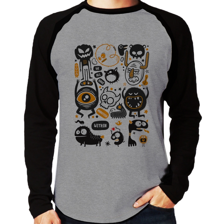 Camiseta Raglan We all have monsters within Manga Longa - Cinza/Preto