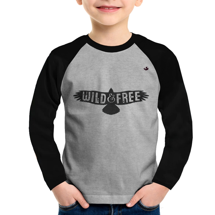 Camiseta Raglan Infantil Wild and Free Manga Longa - Cinza/Preto