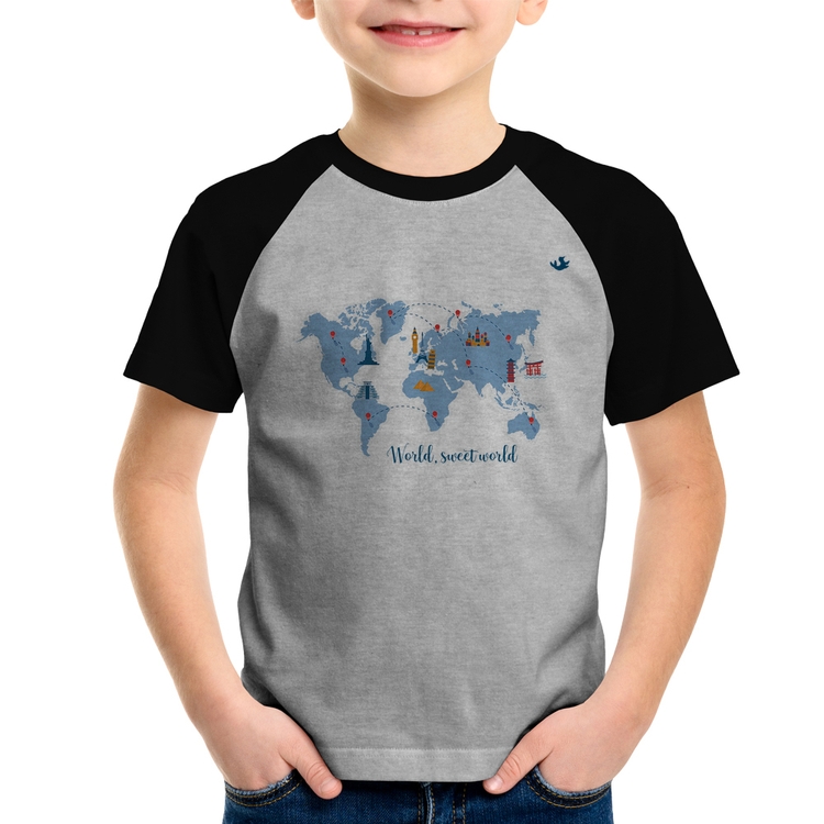 Camiseta Raglan Infantil World sweet world - Cinza/Preto
