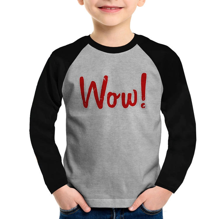 Camiseta Raglan Infantil Wow! Manga Longa - Cinza/Preto