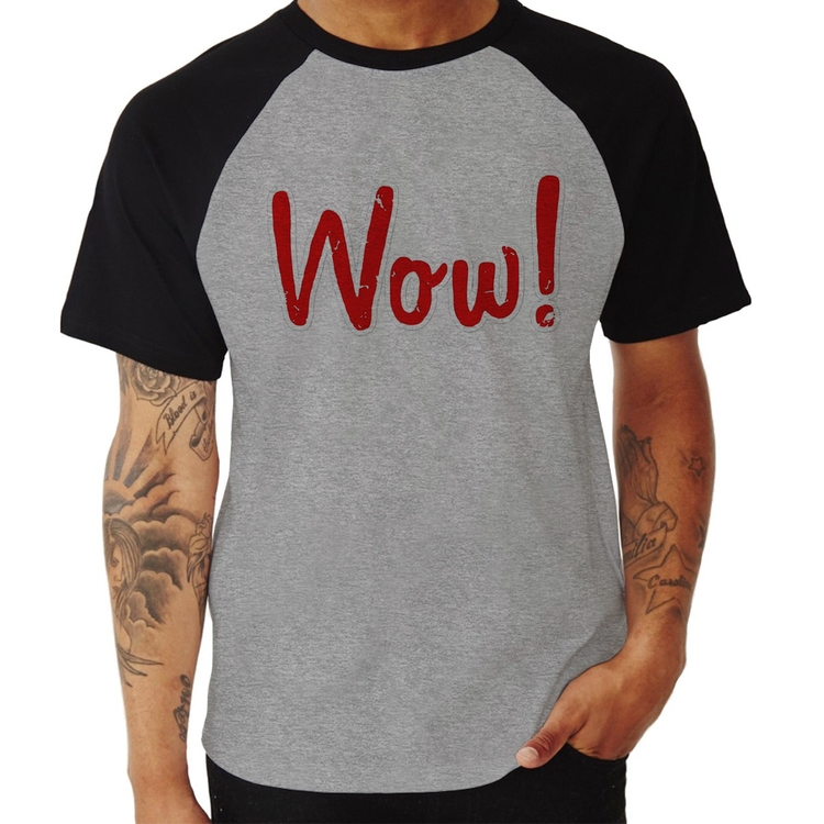 Camiseta Raglan Wow! - Cinza/Preto