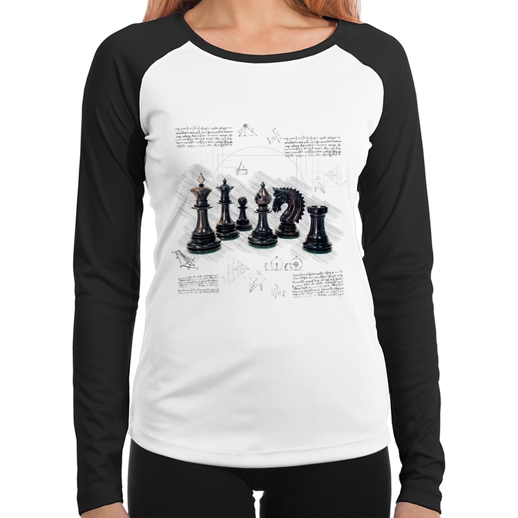 Baby Look Raglan Xadrez Manga Longa