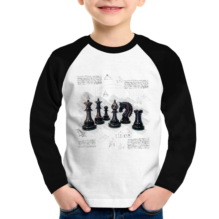 Camiseta Raglan Infantil Xadrez Manga Longa