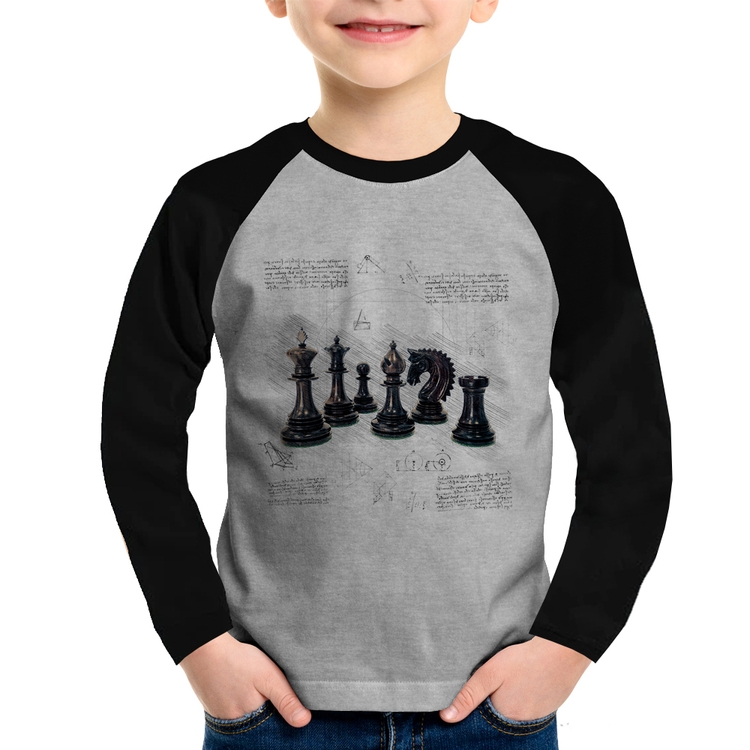 Camiseta Raglan Infantil Xadrez Manga Longa - Cinza/Preto