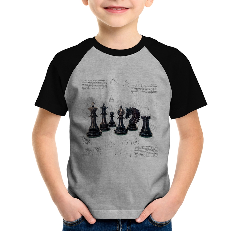 Camiseta Raglan Infantil Xadrez - Cinza/Preto