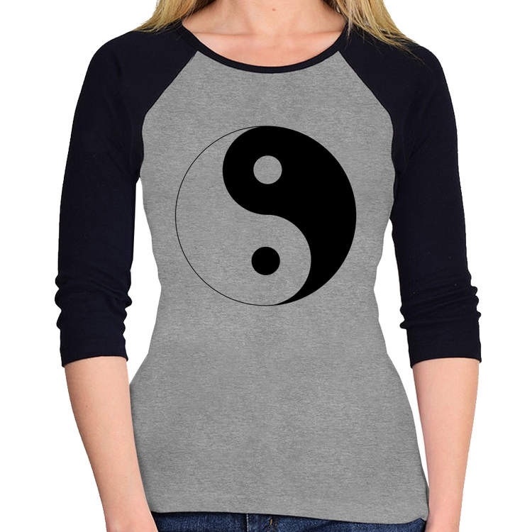 Baby Look Raglan Yin-Yang Manga 3/4 - Cinza/Preto