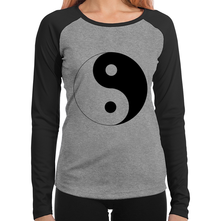 Baby Look Raglan Yin-Yang Manga Longa - Cinza/Preto