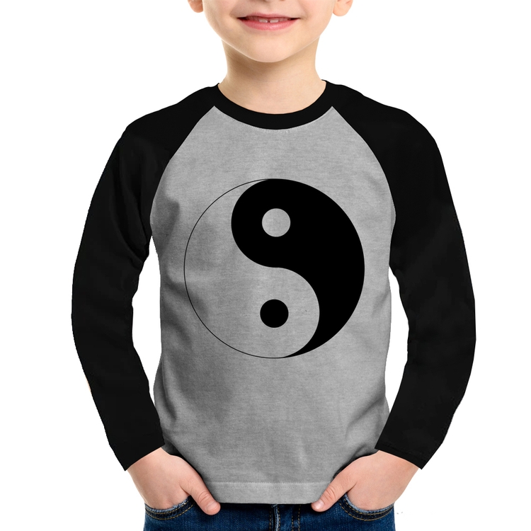 Camiseta Raglan Infantil Yin-Yang Manga Longa - Cinza/Preto