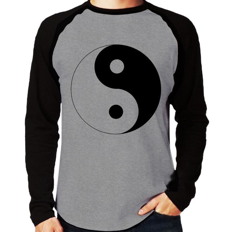 Camiseta Raglan Yin-Yang Manga Longa - Cinza/Preto
