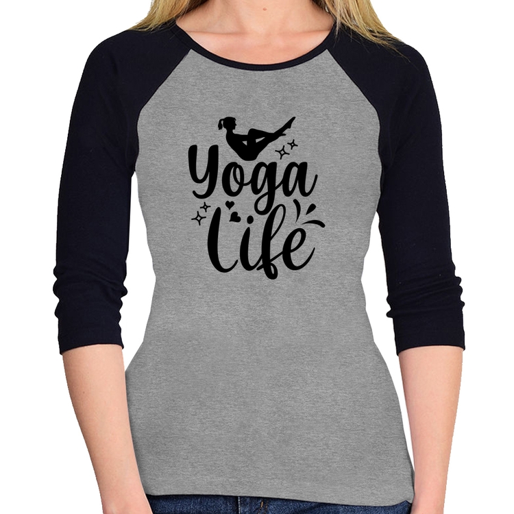 Baby Look Raglan Yoga Life Manga 3/4 - Cinza/Preto