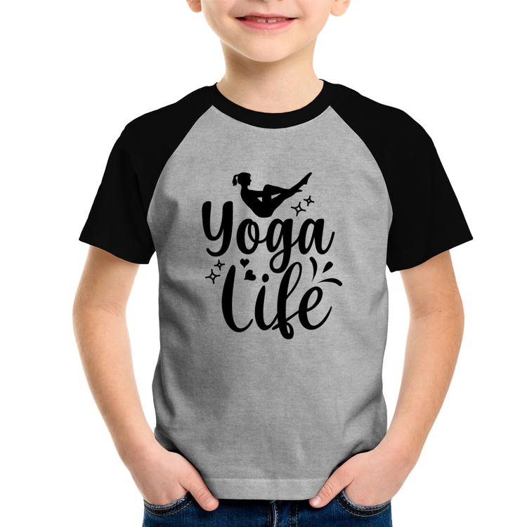 Camiseta Raglan Infantil Yoga Life - Cinza/Preto