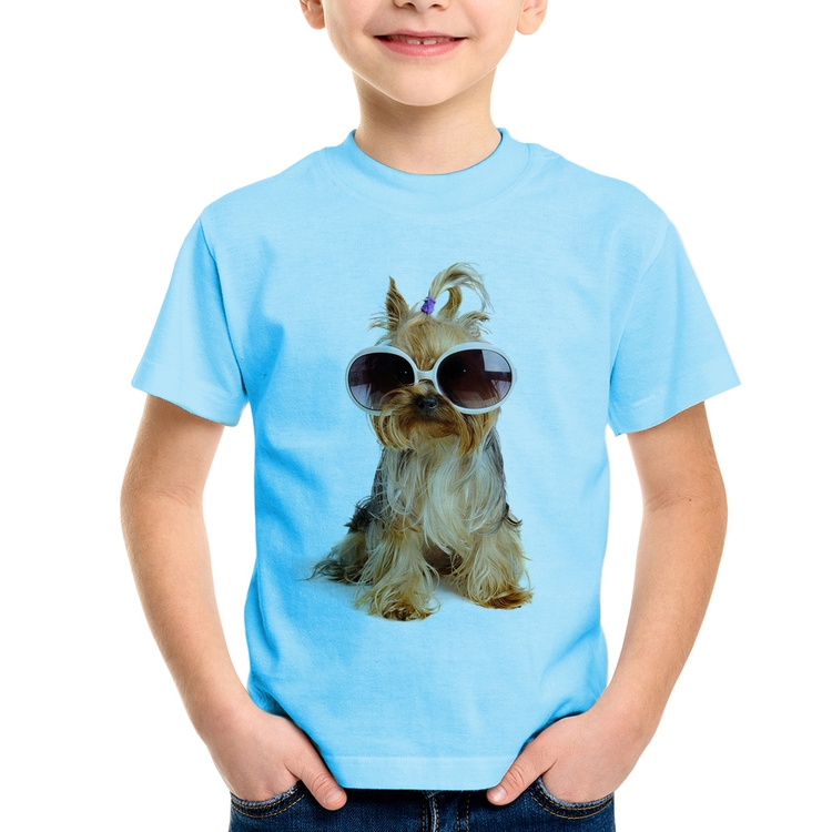 Camiseta Infantil Yorkshire de Óculos - Azul Bebê