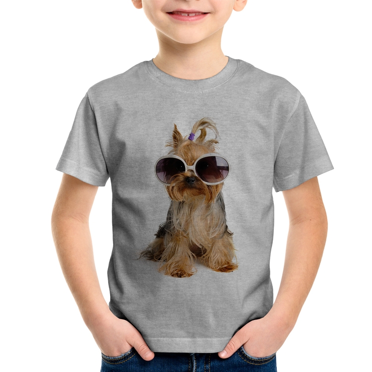 Camiseta Infantil Yorkshire de Óculos - Cinza
