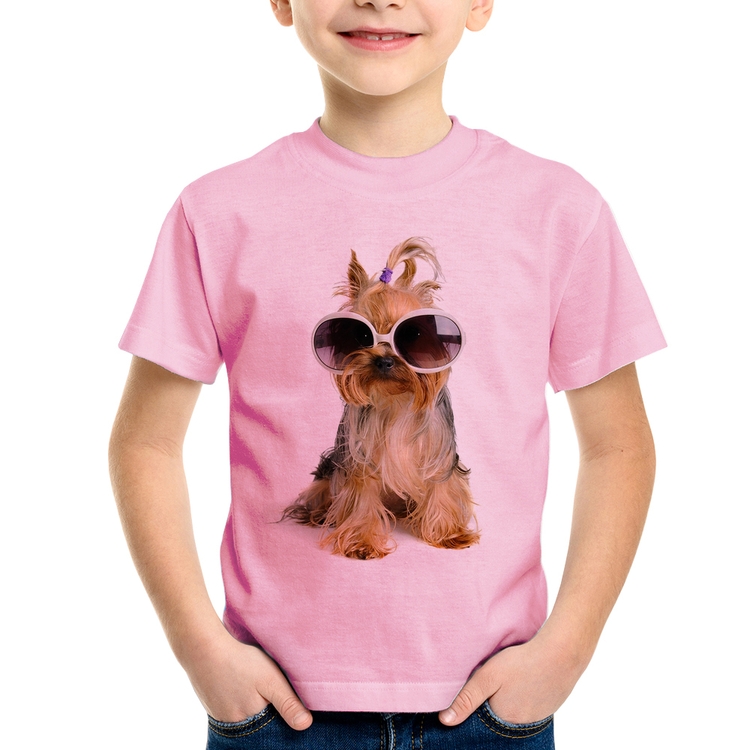Camiseta Infantil Yorkshire de Óculos - Rosa Bebê