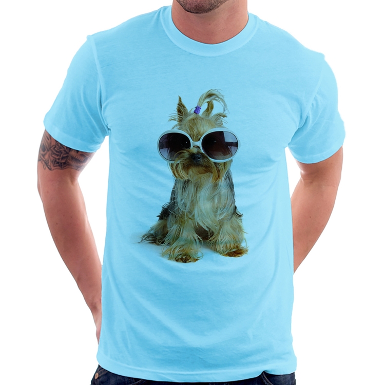 Camiseta Yorkshire de Óculos - Azul Bebê