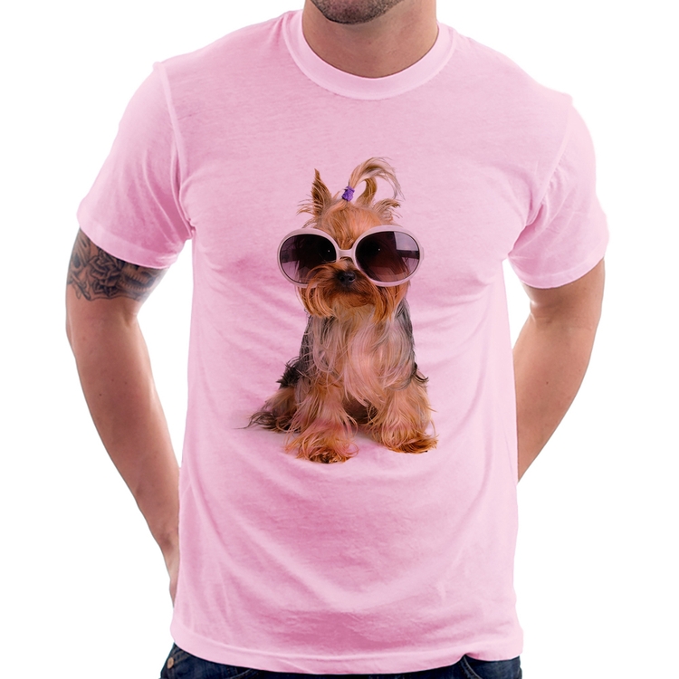 Camiseta Yorkshire de Óculos - Rosa Bebê