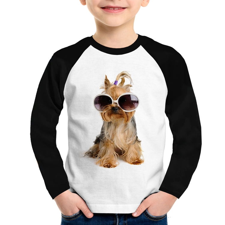 Camiseta Raglan Infantil Yorkshire de Óculos Manga Longa