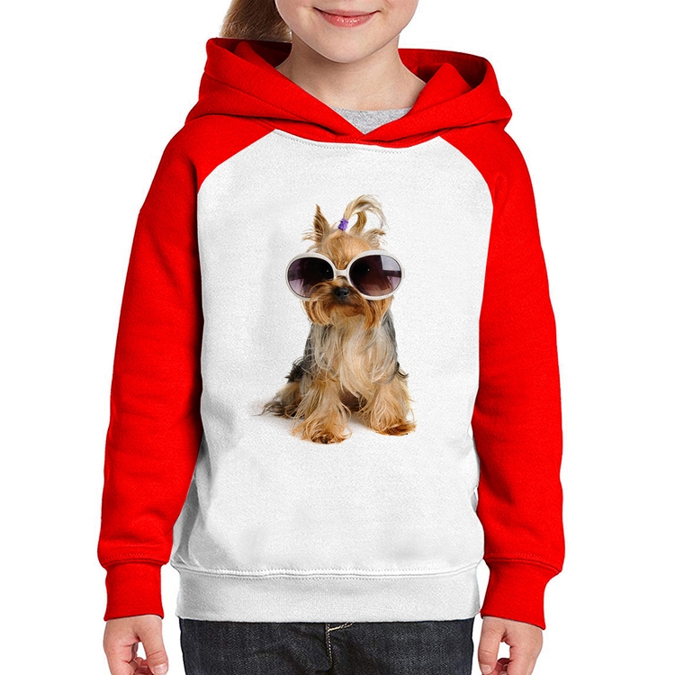 Moletom Infantil Yorkshire de Óculos - Branco/Vermelho