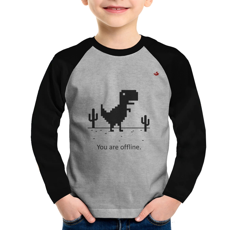 Camiseta Raglan Infantil You are offline Manga Longa - Cinza/Preto