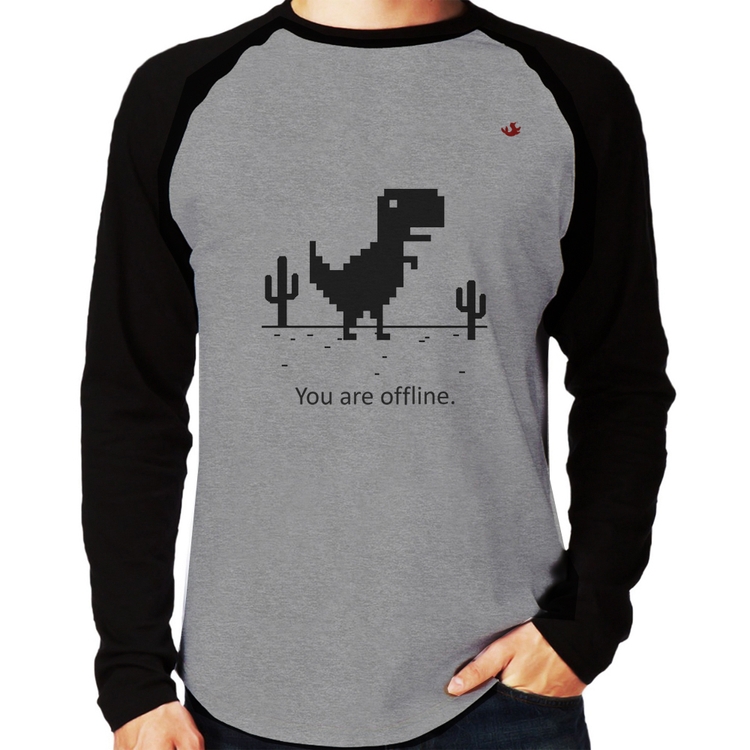 Camiseta Raglan You are offline Manga Longa - Cinza/Preto