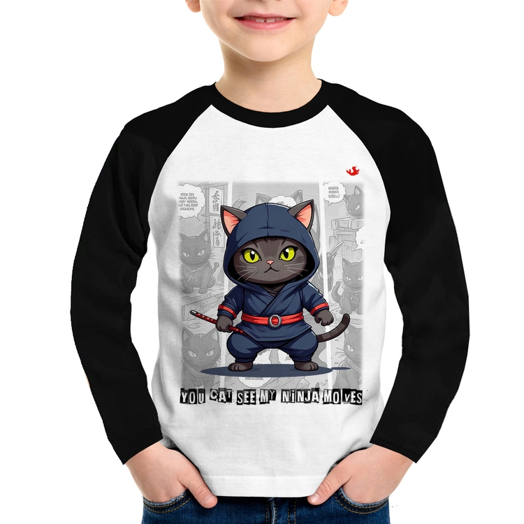Camiseta Raglan Infantil You cat see my ninja moves Manga Longa