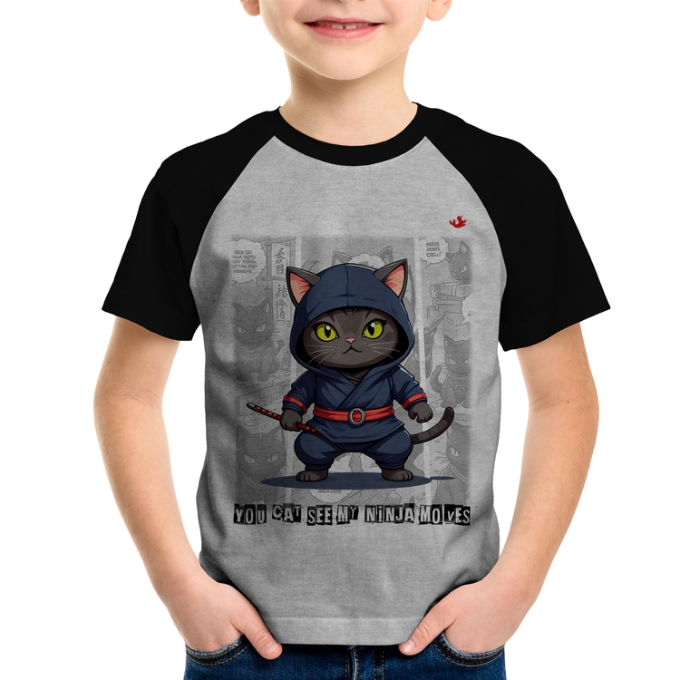 Camiseta Raglan Infantil You cat see my ninja moves - Cinza/Preto