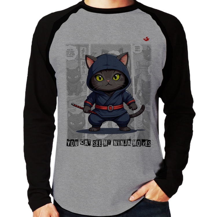 Camiseta Raglan You cat see my ninja moves Manga Longa - Cinza/Preto