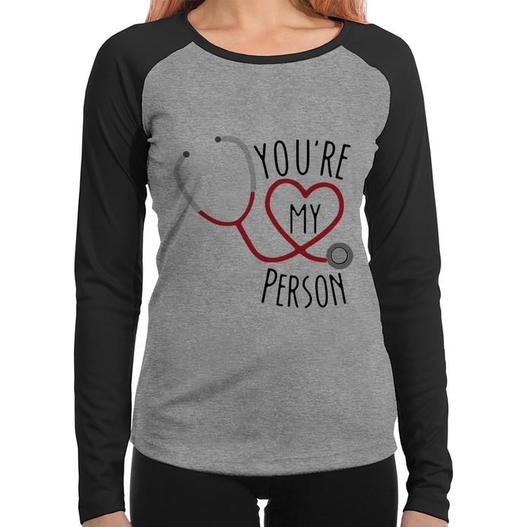 Baby Look Raglan You're My Person Coração Manga Longa - Cinza/Preto