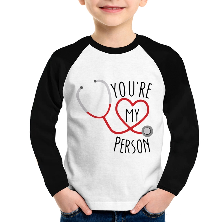 Camiseta Raglan Infantil You're My Person Coração Manga Longa