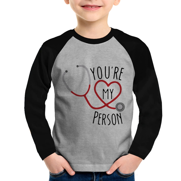 Camiseta Raglan Infantil You're My Person Coração Manga Longa - Cinza/Preto