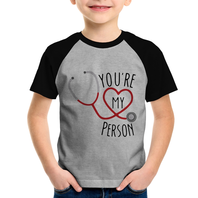 Camiseta Raglan Infantil You're My Person Coração - Cinza/Preto