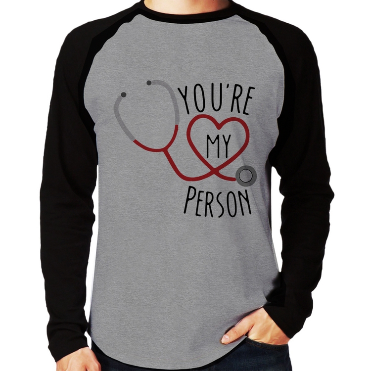 Camiseta Raglan You're My Person Coração Manga Longa - Cinza/Preto