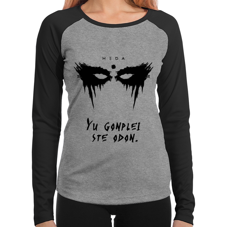 Baby Look Raglan Yu Gonplei Ste Odon Manga Longa - Cinza/Preto